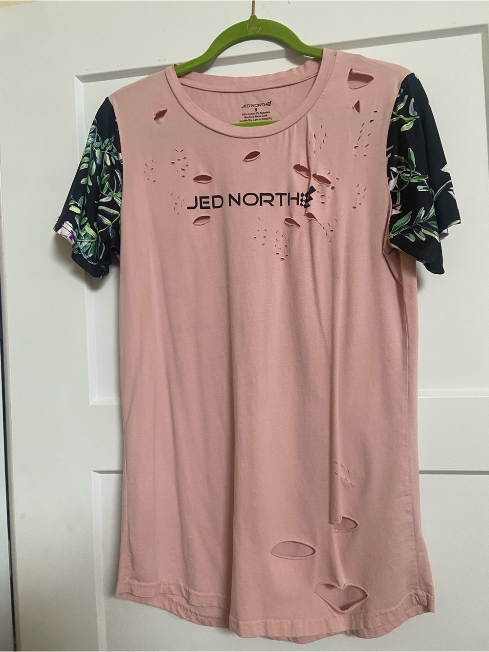 Jed North Pink Distressed Tee with Black Floral Sleeves